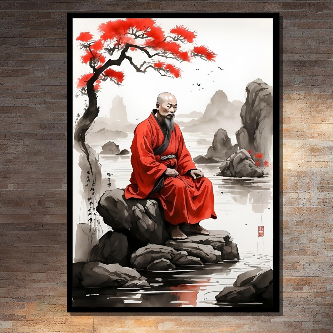Zen Monk By Waterfall With Red Tree Art Print