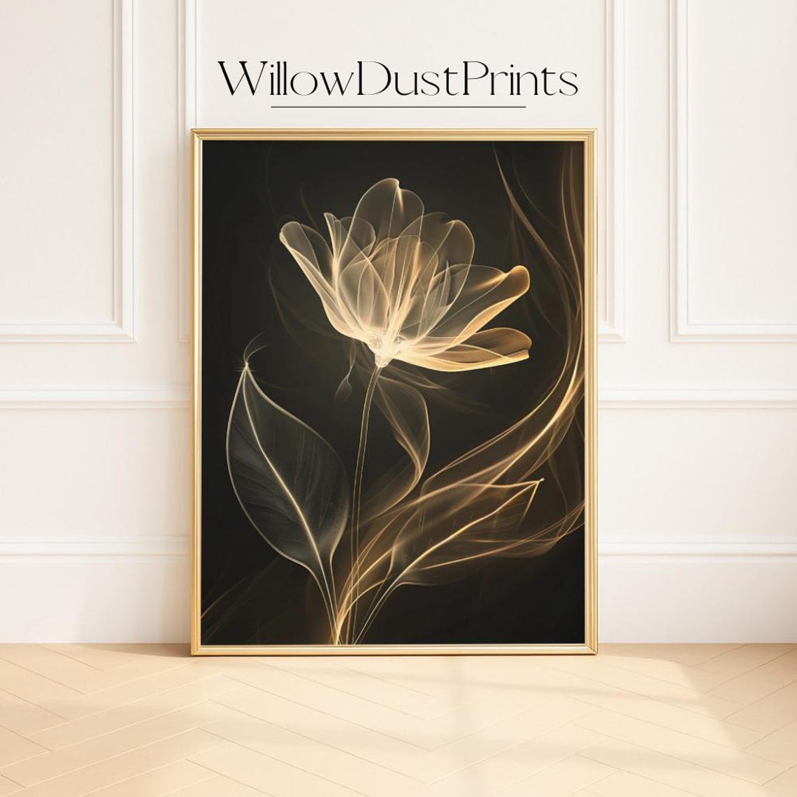 Luminous Gold Flower On Black Modern Elegant Botanical Poster