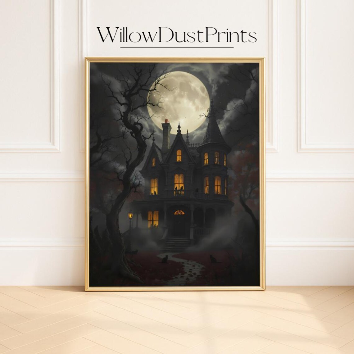 Spooky Gothic Haunted House Full Moon Halloween Night Art Poster