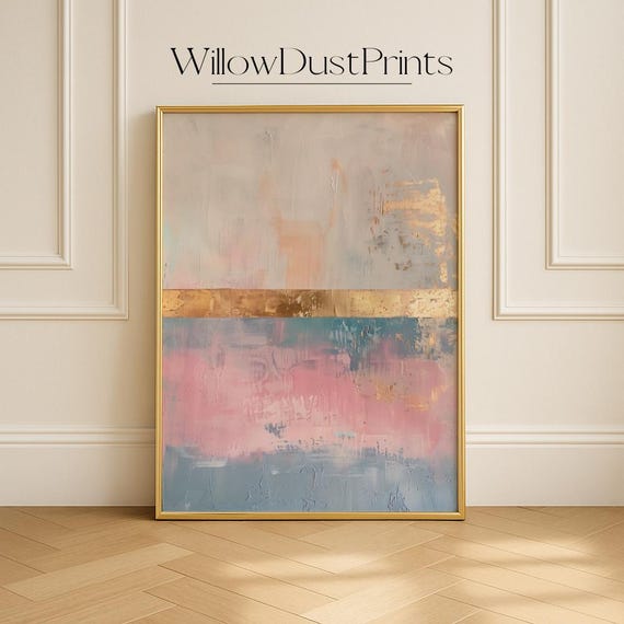 Soft Abstract Pastel Wall Art Blush Blue Gold Print Modern Horizon Artwork For Elegant Living Room Painting Bedroom Gift