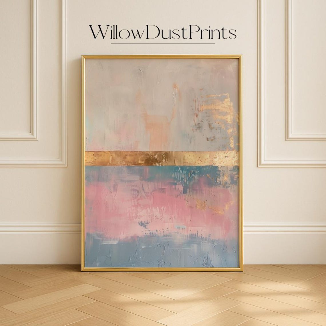 Cream Blush Pink Blue Abstract Painting Gold Band Soft Texture Poster