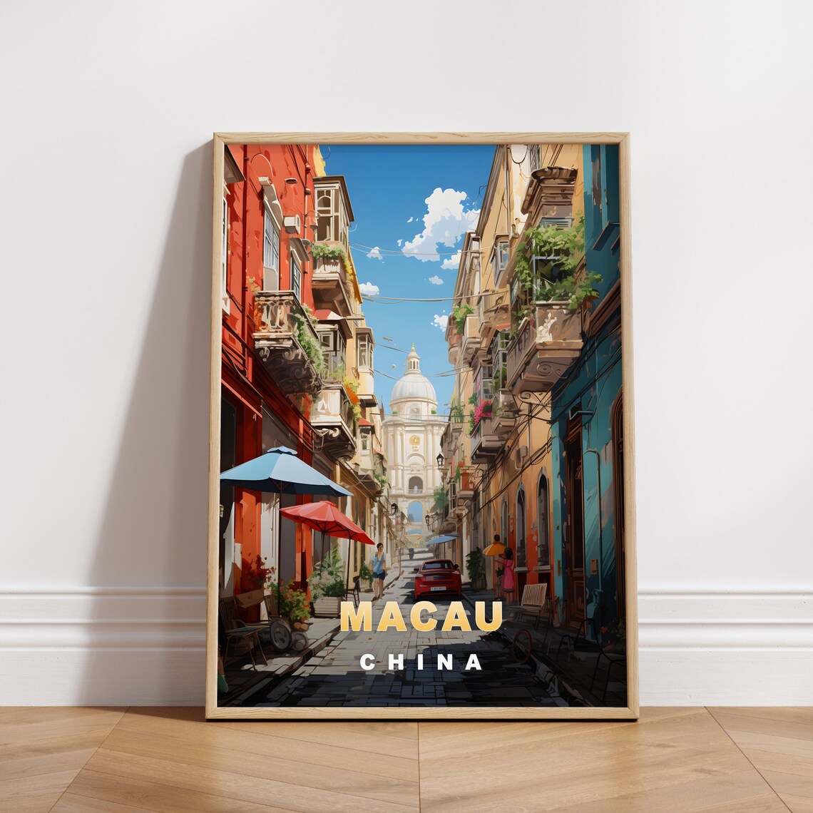 Macau China Colonial Street Balconies Church Dome Travel Poster