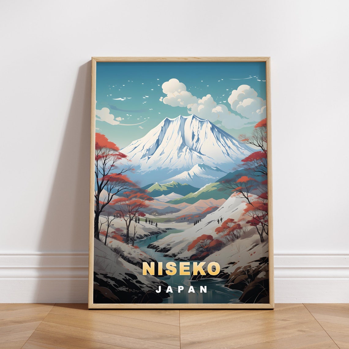Niseko Japan Snowcapped Peak Autumn Foliage Retro Travel Poster
