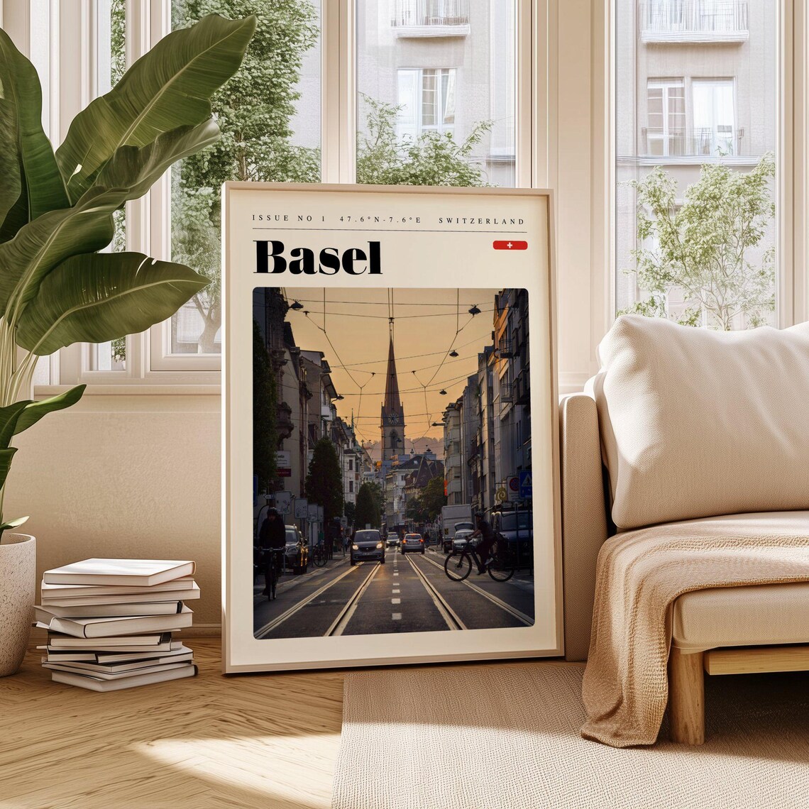 Basel Switzerland Modern Old Town Tram Street Sunset Travel Poster