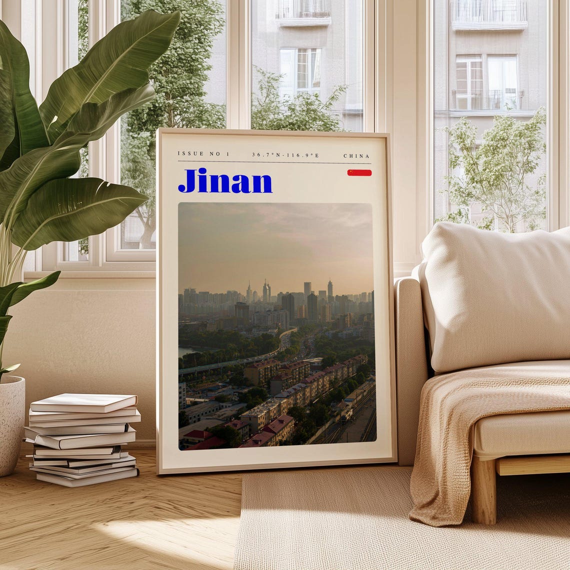 Jinan China Skyline Aerial View At Dusk Modern Travel Poster