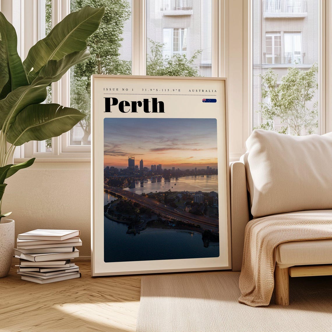 Perth Australia Sunset Over the River Skyline Travel Poster Artwork