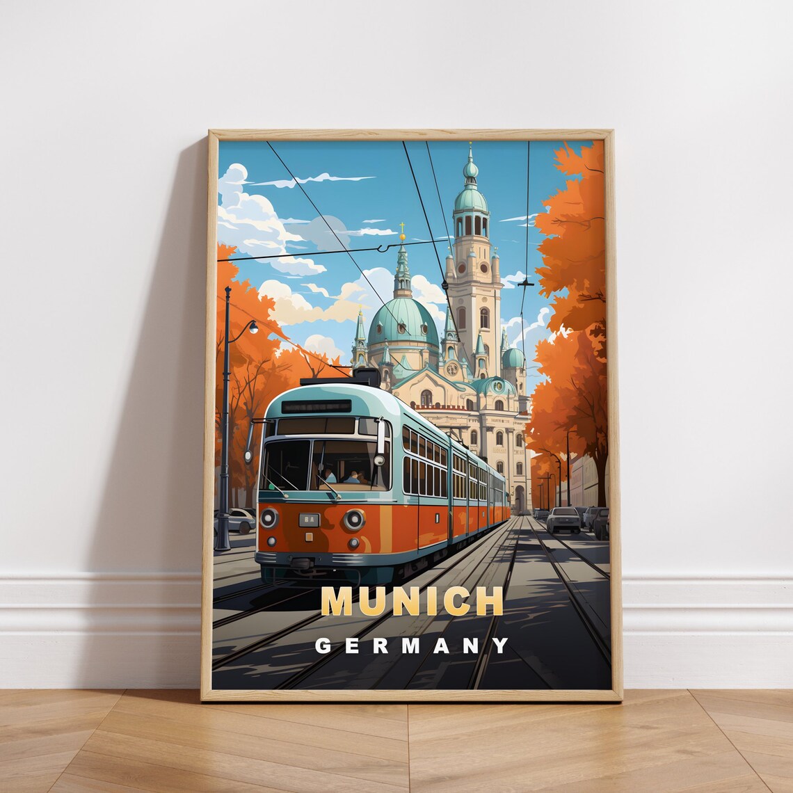 Munich Germany Retro Travel Poster Vintage Tram Church Towers