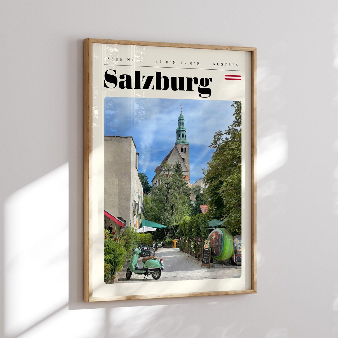 Salzburg Austria Old Street With Scooter And Church Tower Poster - Image 2
