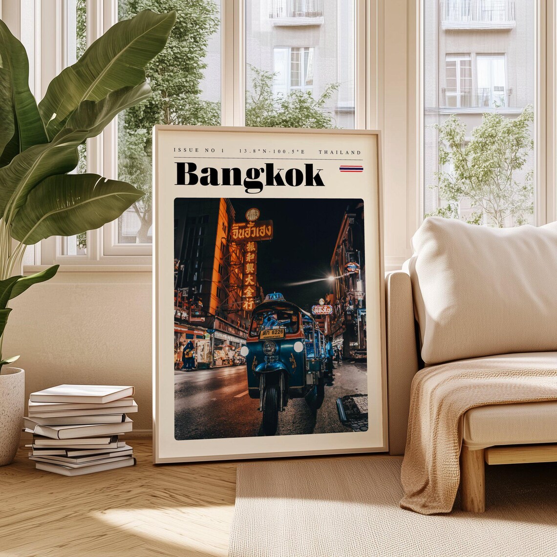 Bangkok Thailand Night Tuk Tuk Street Neon Vintage Travel Poster