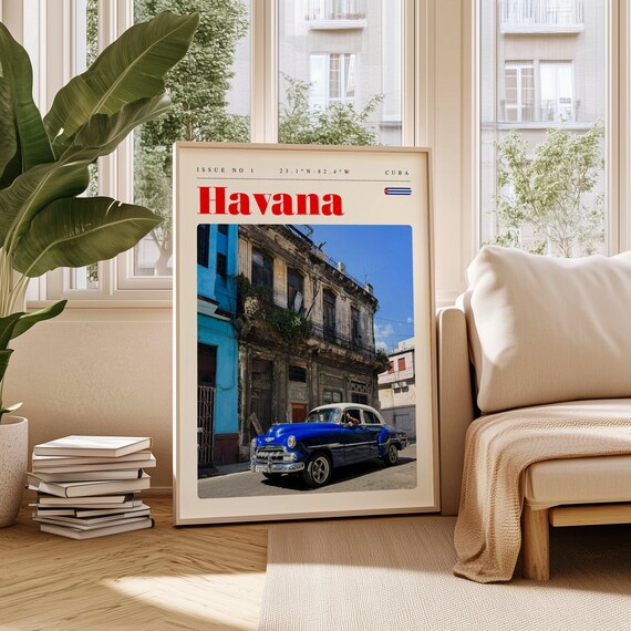 Havana Cuba Classic Blue American Car Old Street Travel Poster