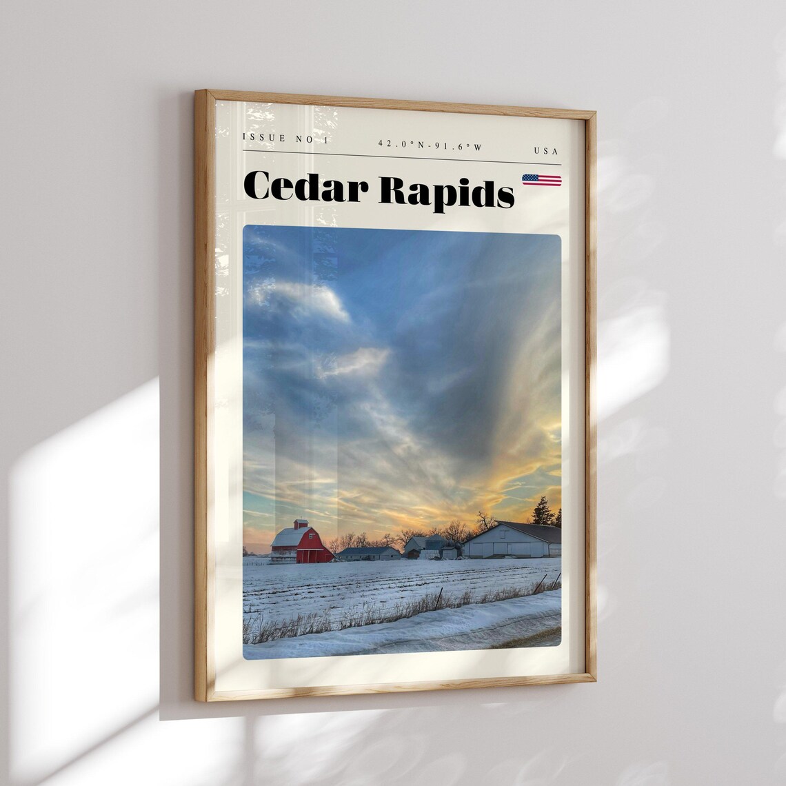 Cedar Rapids Iowa Snowy Farm Barn Winter Sunset Travel Poster - Image 2