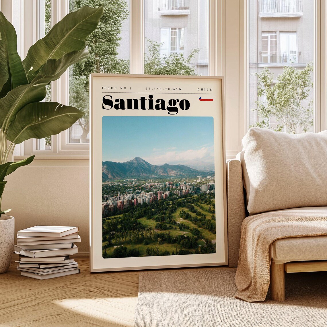 Santiago Chile Andes Mountains City Skyline Modern Travel Poster