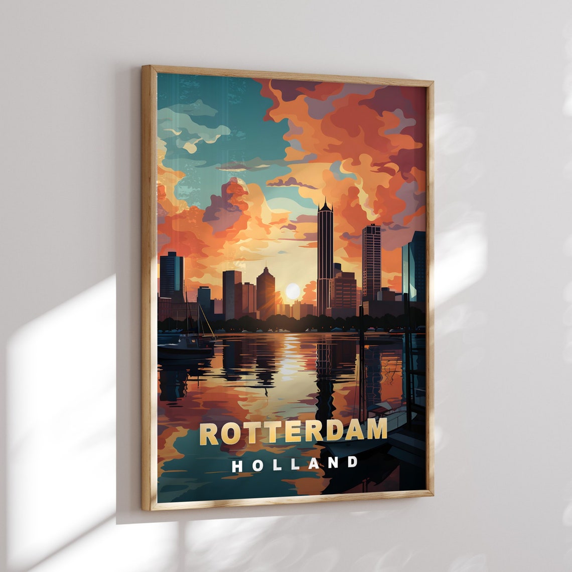 Rotterdam Holland Sunset Skyline Harbor Reflection Vintage Poster - Image 2