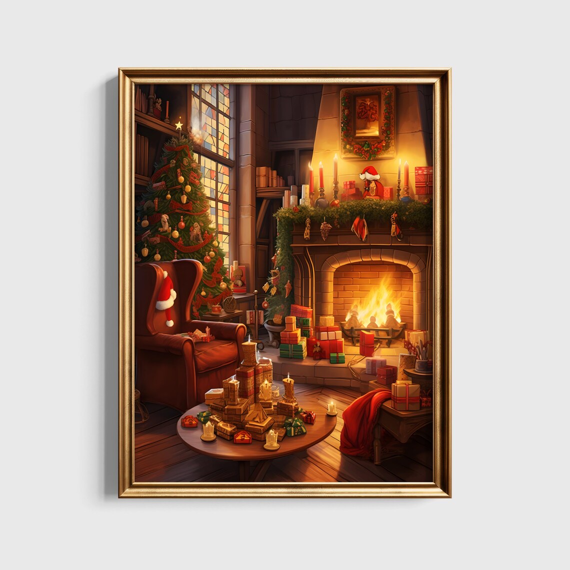 Cozy Wizard Common Room Christmas Fireplace Decor Fantasy Poster
