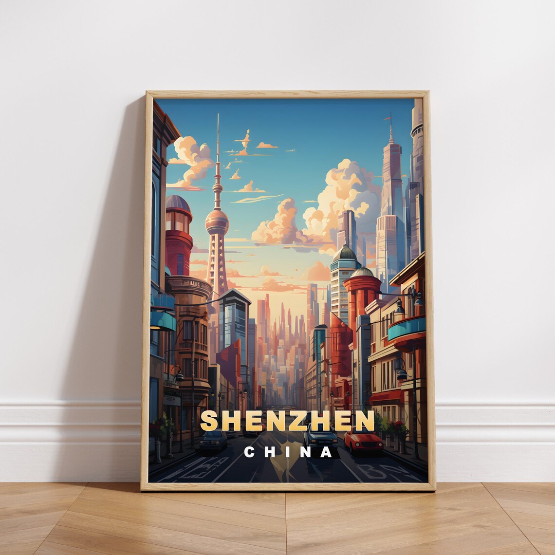 Shenzhen China Modern Skyline Street Canyon Retro Travel Poster