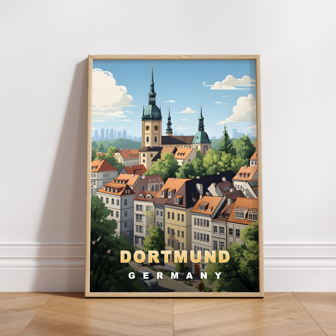 Dortmund Germany Retro Travel Poster Old Town Church Spires Skyline