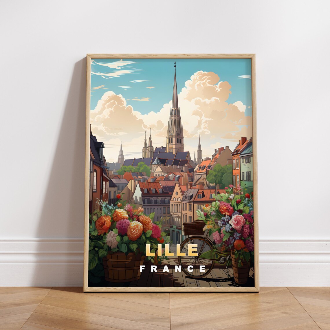 Lille France Flower Market Bicycle Church Spire Retro Travel Poster