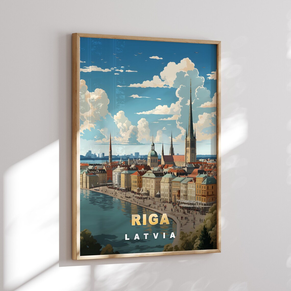 Riga Latvia Riverfront Old Town Houses Panoramic Travel Poster - Image 2