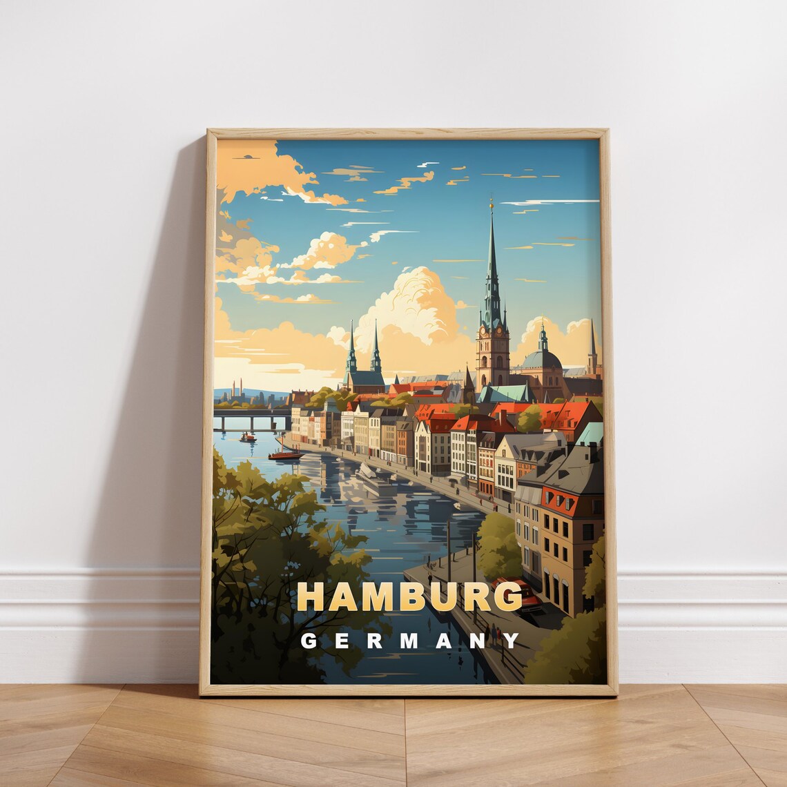 Hamburg Germany Retro Travel Poster Harbor River Skyline View