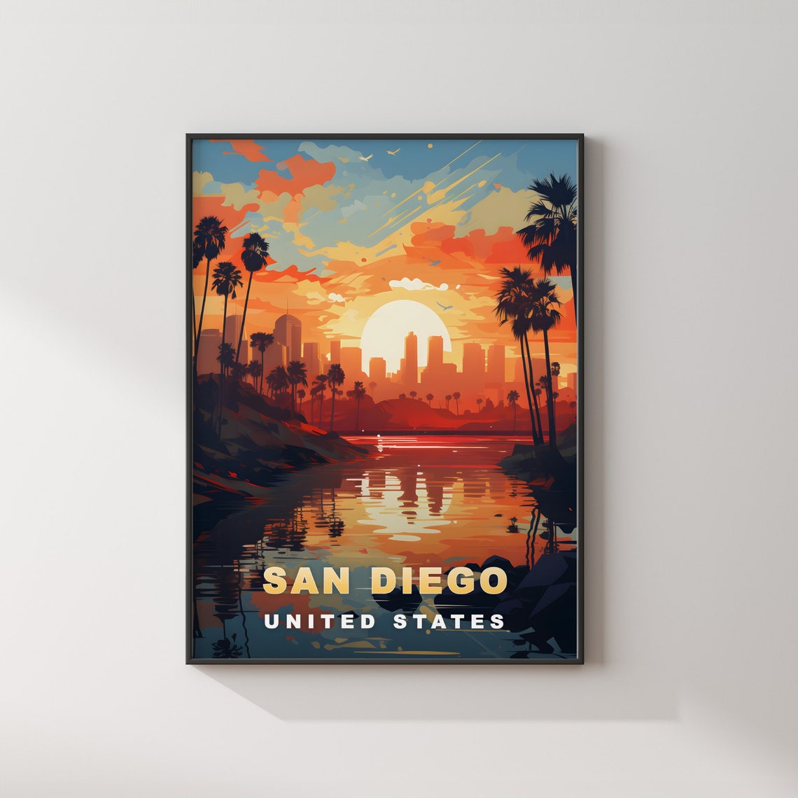 San Diego Palm Trees Sunset Bay Skyline Vintage Travel Poster - Image 2