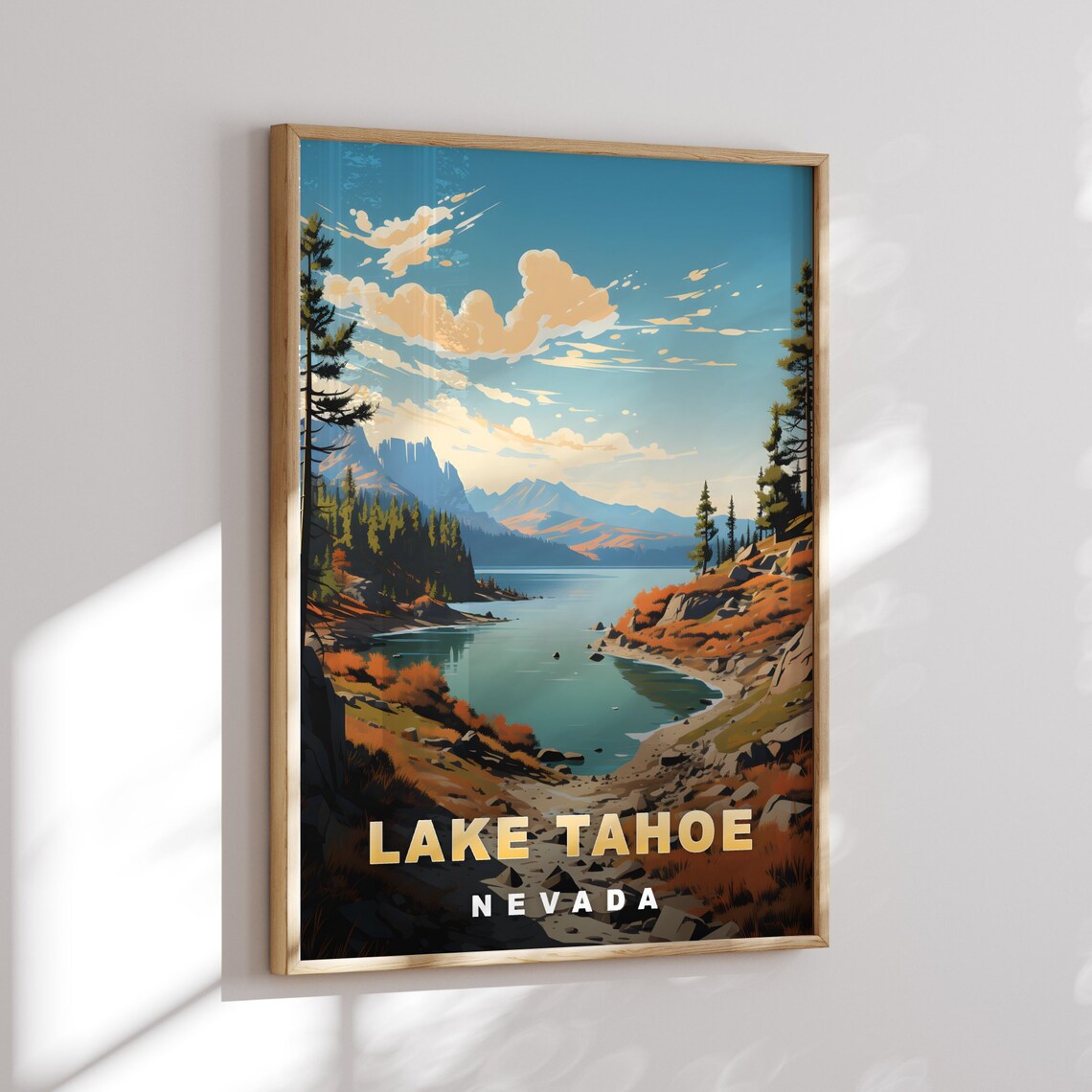 Lake Tahoe Nevada Rocky Autumn Shoreline Retro Travel Poster - Image 3