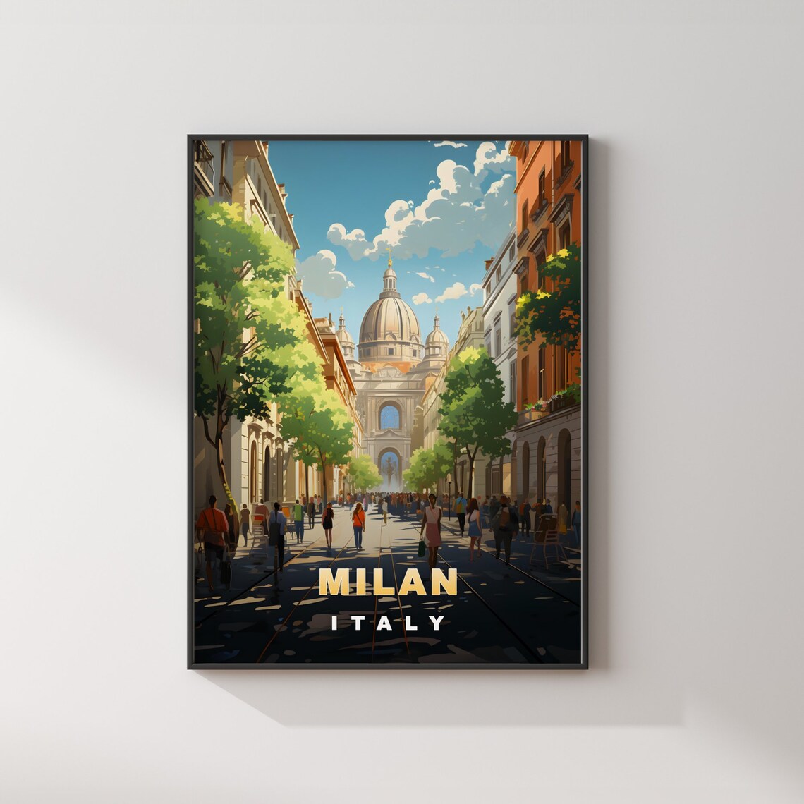 Milan Italy Retro Travel Poster Grand Dome Boulevard Street Scene - Image 2