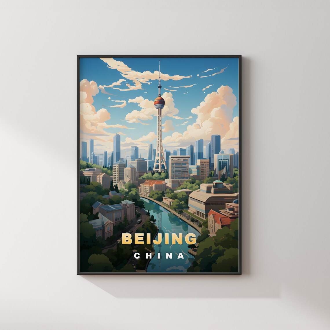 Beijing China Modern Skyline Slender Tower Canal Travel Poster - Image 2