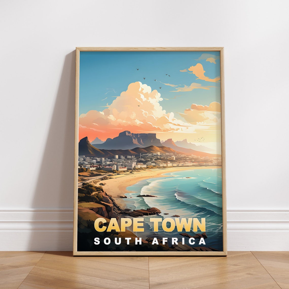 Cape Town South Africa Table Mountain Beach Sunset Travel Poster