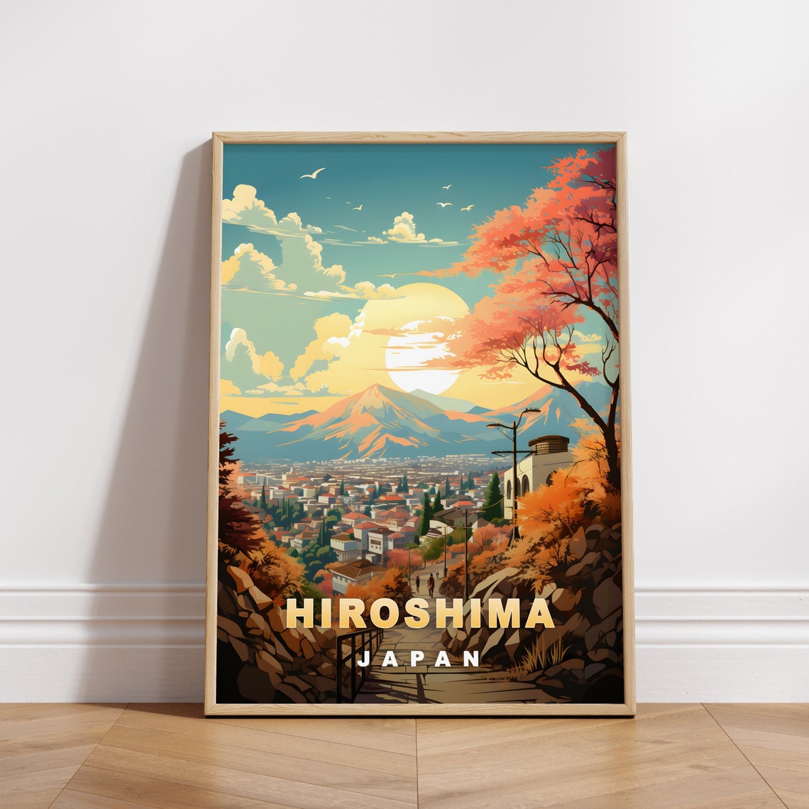 Hiroshima Japan City Mountain Autumn Sunset Golden Travel Poster