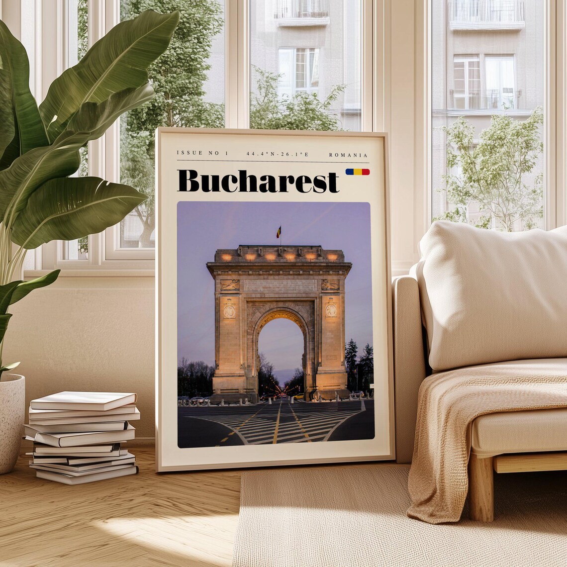 Bucharest Romania Arch of Triumph Night Glow Vintage Travel Poster