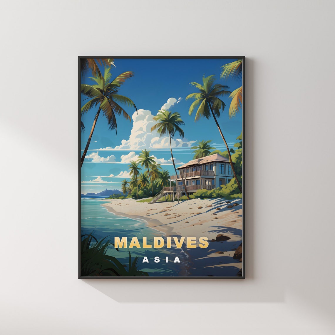 Maldives Asia Beach Villa Palm Turquoise Shore Retro Travel Poster - Image 2