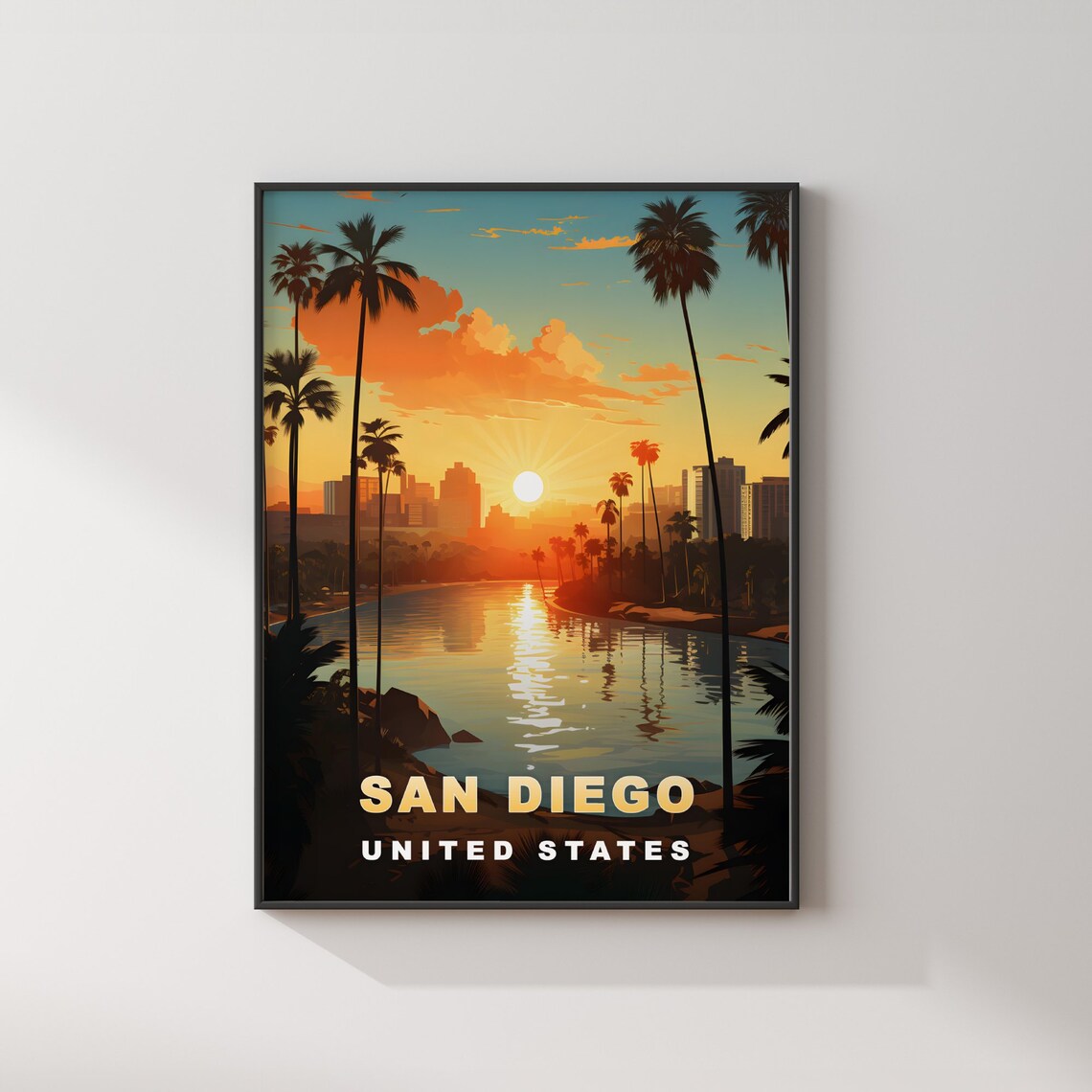 San Diego Bay Sunset Palm Trees Waterfront Skyline Travel Poster - Image 2