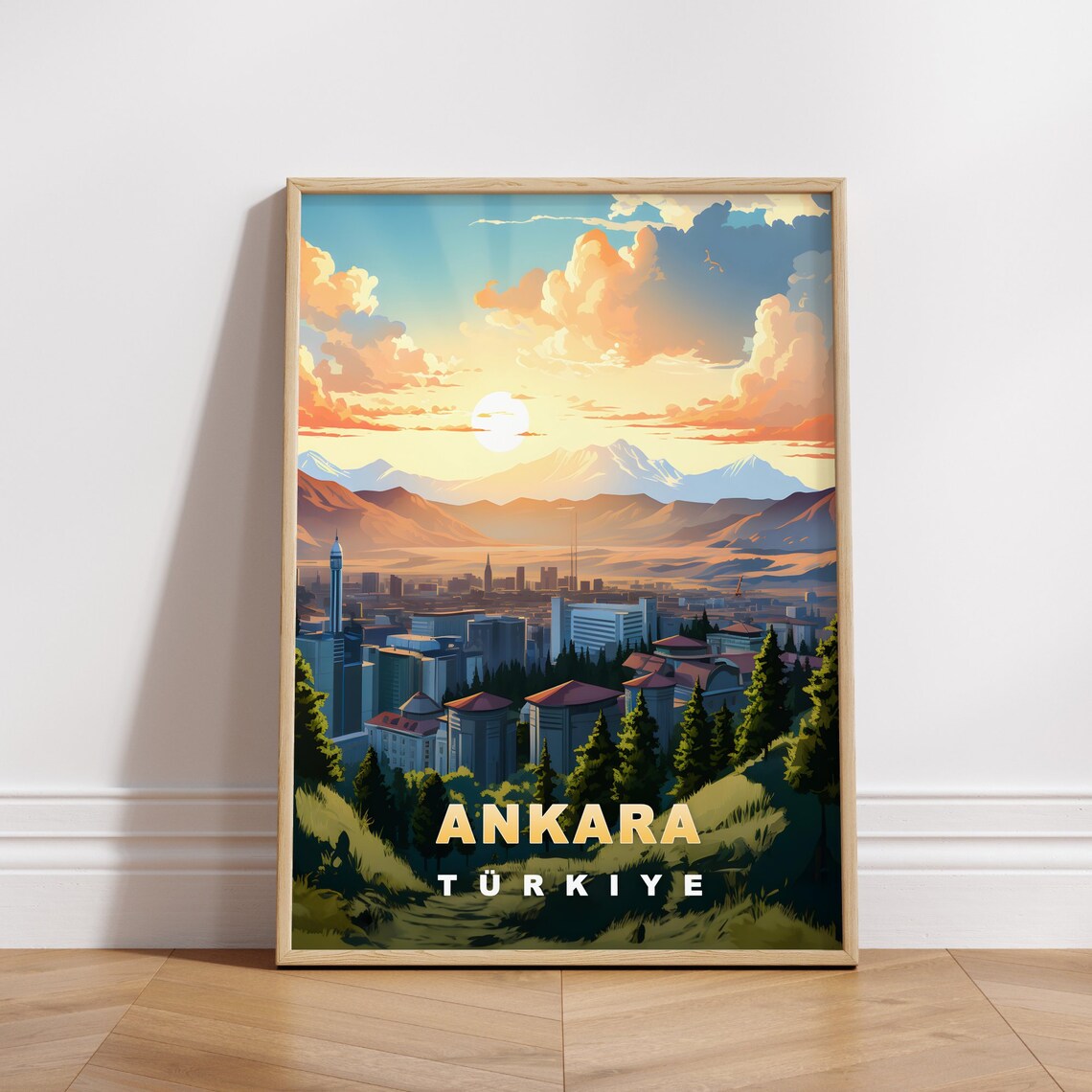 Ankara Turkiye Sunset Skyline Mountains Green Hills View Travel Poster