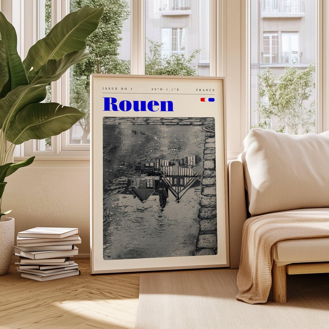 Rouen France Half Timbered Houses Reflection Black White Travel Poster