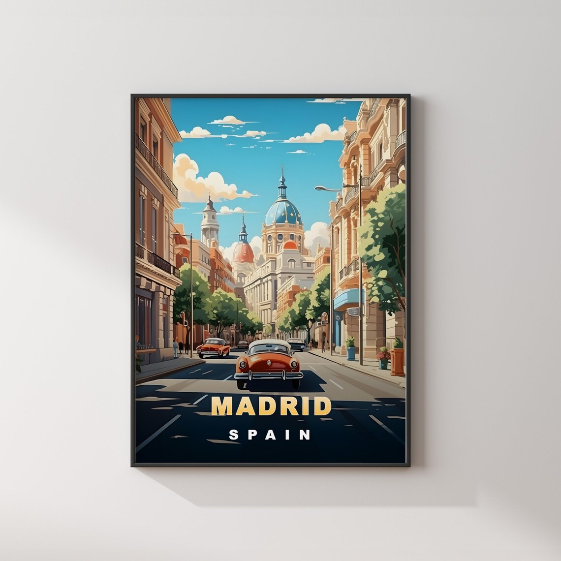 Madrid Spain Retro Travel Poster Classic Car Grand Avenue View - Image 2