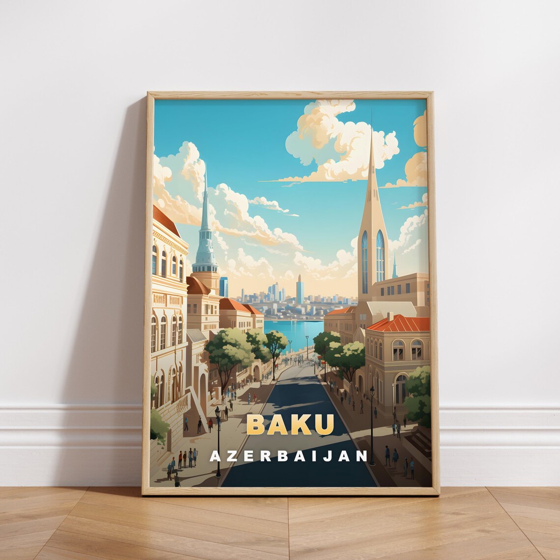 Baku Azerbaijan Old Town Street Sea View Minarets Travel Poster