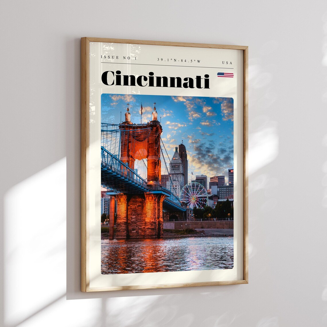 Cincinnati USA Suspension Bridge Sunset River Skyline Travel Poster - Image 2