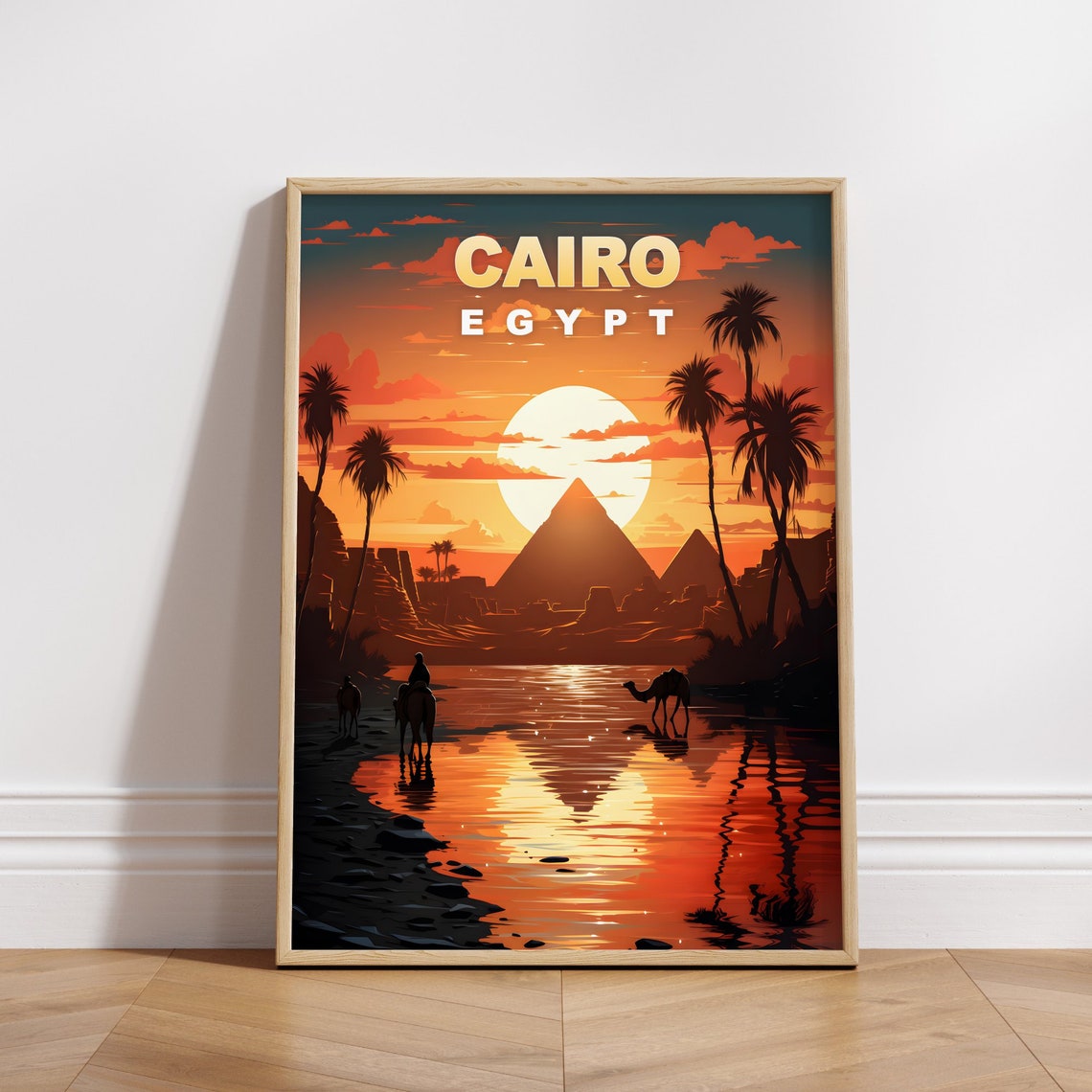 Cairo Egypt Camel Caravan Sunset Pyramid Scene Travel Poster