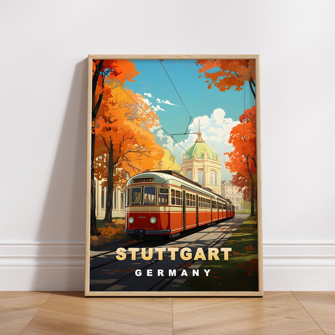 Stuttgart Germany Vintage Red Tram Autumn Trees City Travel Poster