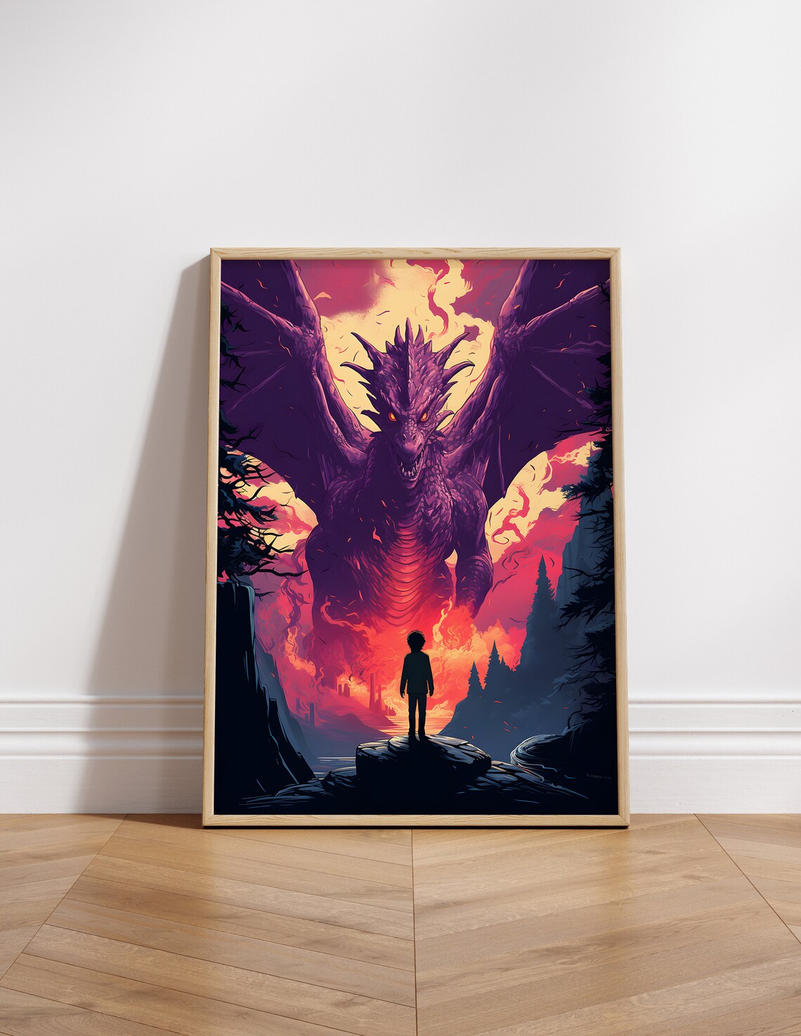 Boy Facing Giant Purple Dragon Fiery Sky Fantasy Movie Poster