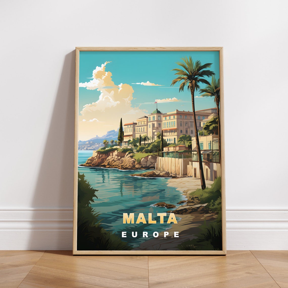 Malta Europe Retro Travel Poster Turquoise Coast Palm Trees View