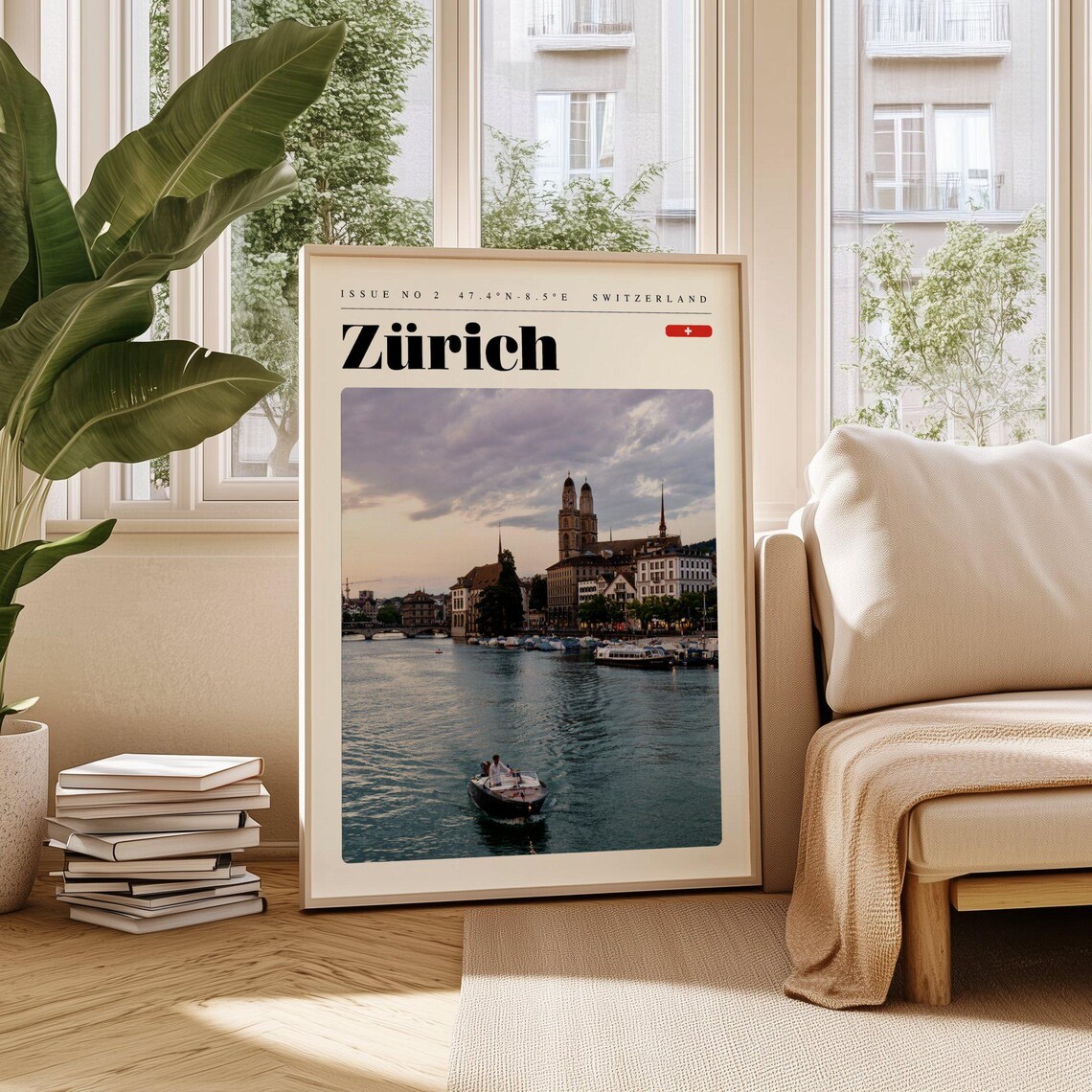 Zurich Switzerland Grossmunster Limmat River Evening Travel Poster