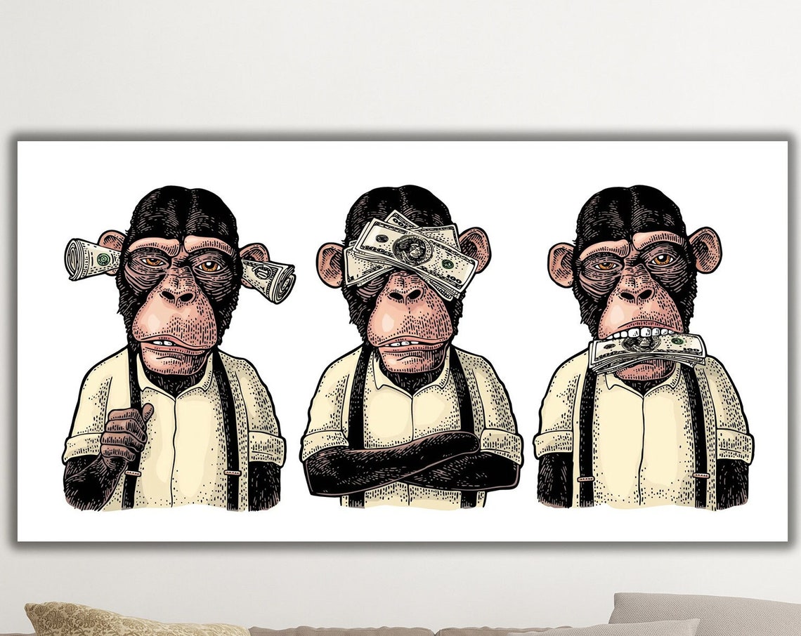 Three Wise Monkeys Money Ears Eyes Mouth Funny Cash Art Poster