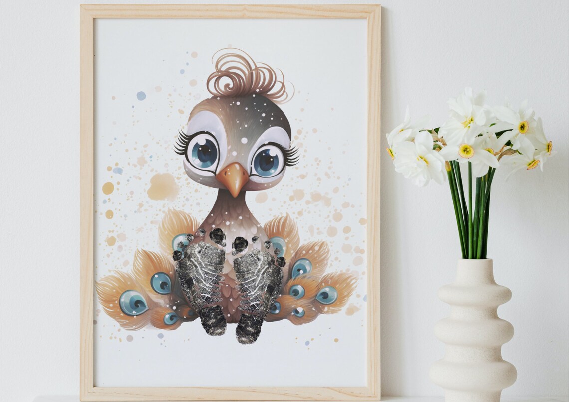 Colorful Baby Peacock With Footprint Nursery Keepsake Poster - Image 3