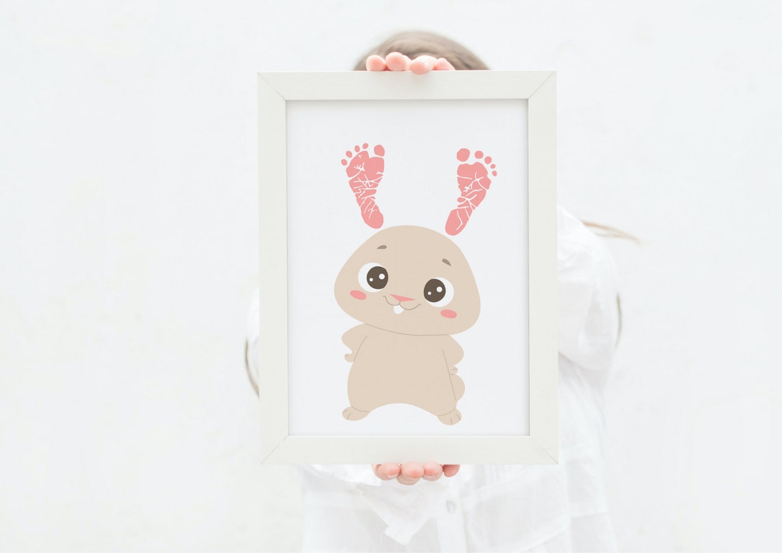 Cute Beige Bunny Pink Footprint Ears Nursery Baby Keepsake Art Poster - Image 4