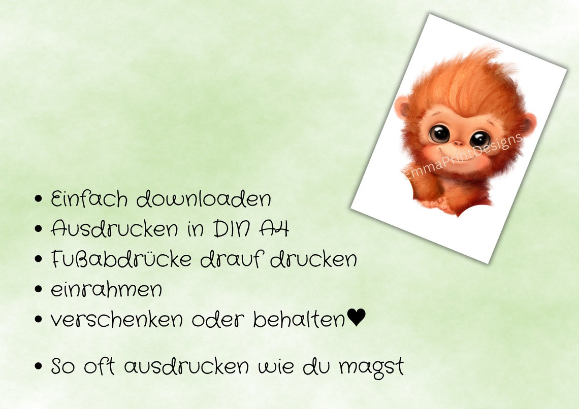 Cute Sweet Orange Monkey Baby Footprint Nursery Keepsake Poster - Image 4
