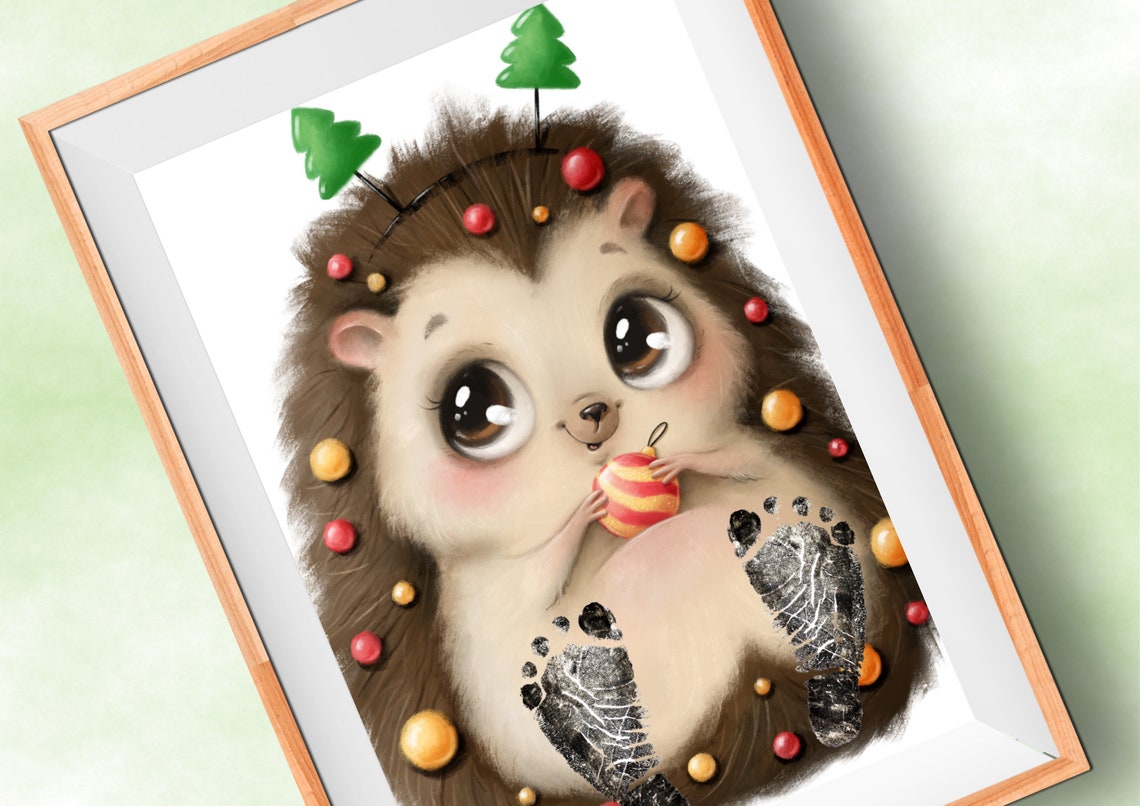 Christmas Hedgehog With Ornaments Baby Footprint Keepsake Poster - Image 2