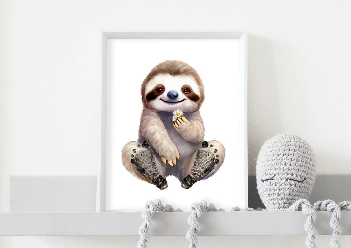 Sweet Smiling Sloth Holding Daisy Baby Footprint Keepsake Poster - Image 4