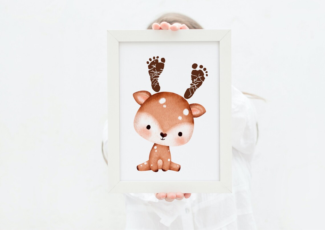 Cute Watercolor Fawn Handprint Antlers Nursery Animal Art Poster - Image 2