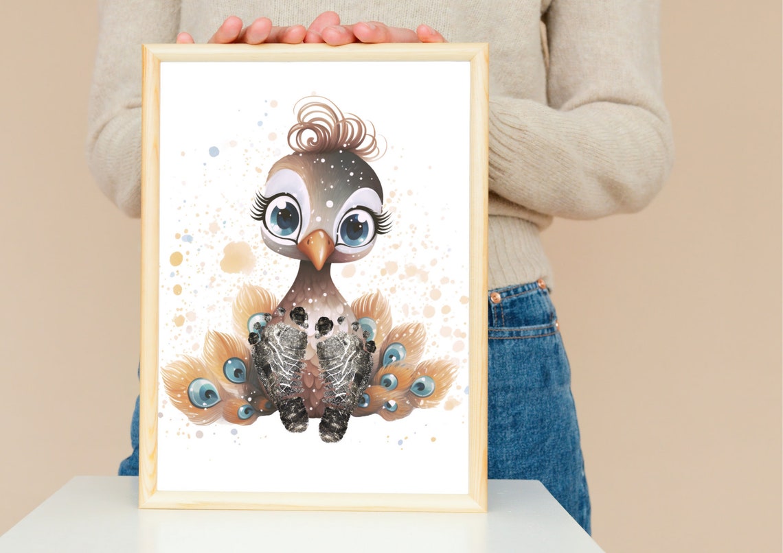 Colorful Baby Peacock With Footprint Nursery Keepsake Poster - Image 2